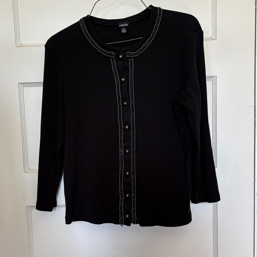 Rafaella Black Button-Front Knit Cardigan with Bead & Chain Contrast Trim Size M